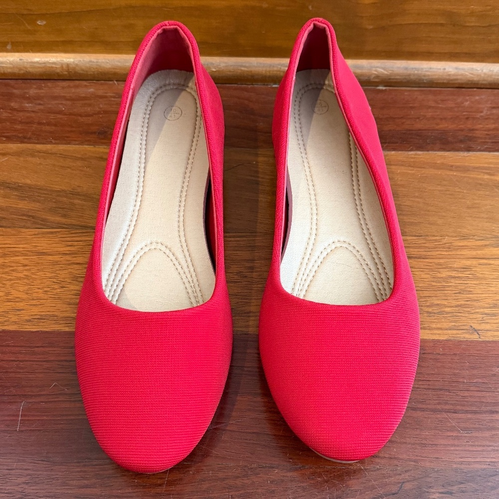 Obtaom Women's Red Round Toe, Textile, Low Dress Heels, Size 10